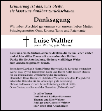Traueranzeige von Luise Walther von Südthüringer Presse