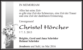 Traueranzeige von Christel Hörcher von Südthüringer Presse