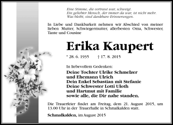 Traueranzeige von Erika Kaupert von Südthüringer Presse