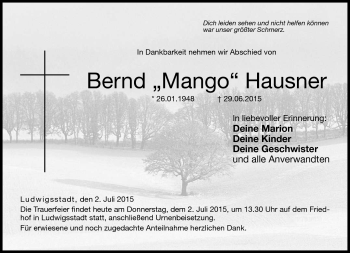 Traueranzeige von Bernd Hausner von Neue Presse Coburg