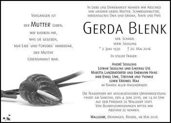Traueranzeige von Gerda Blenk von Südthüringer Presse
