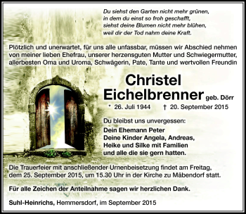 Traueranzeige von Christel Eichelbrenner von Südthüringer Presse