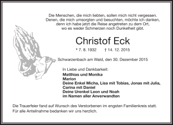 Traueranzeige von Christof Eck von Frankenpost