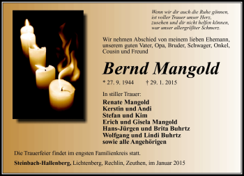 Traueranzeige von Bernd Mangold von Südthüringer Presse