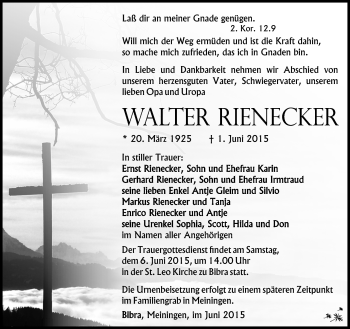 Traueranzeige von Walter Rienecker von Südthüringer Presse