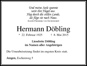 Traueranzeige von Hermann Döbling von Südthüringer Presse
