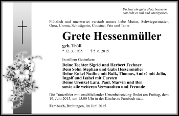 Traueranzeige von Grete Hessenmüller von Südthüringer Presse