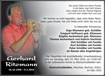 Traueranzeige von Gerhard Ritzmann von Südthüringer Presse
