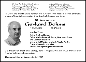 Traueranzeige von Gerhard Bohms von Südthüringer Presse