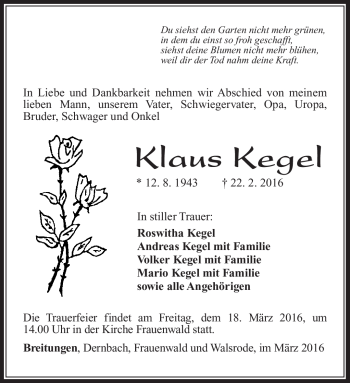 Traueranzeige von Klaus Kegel von Südthüringer Presse
