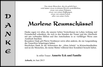 Traueranzeige von Marlene Reumschüssel von Südthüringer Presse