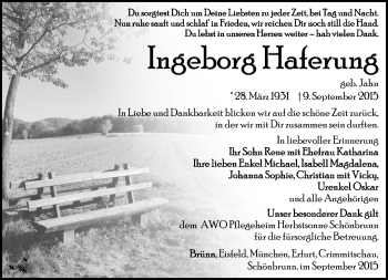 Traueranzeige von Ingeborg haferung von Südthüringer Presse