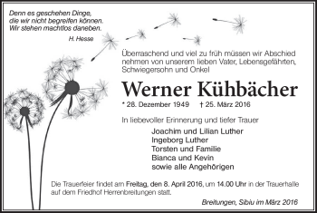 Traueranzeige von Werner Kühbächer von Südthüringer Presse