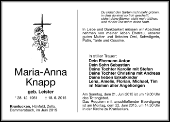 Traueranzeige von Maria-Anna Knapp von Südthüringer Presse