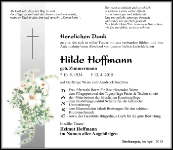 Traueranzeige von Hilde Hoffmann von Südthüringer Presse