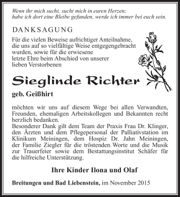 Traueranzeige von Sieglinde Richter von Südthüringer Presse