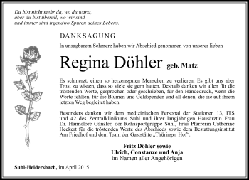 Traueranzeige von regina Döhler von Südthüringer Presse