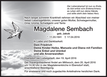 Traueranzeige von Magdalene Sembach von Neue Presse Coburg
