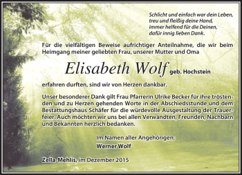 Traueranzeige von Elisabeth Wolf von Südthüringer Presse