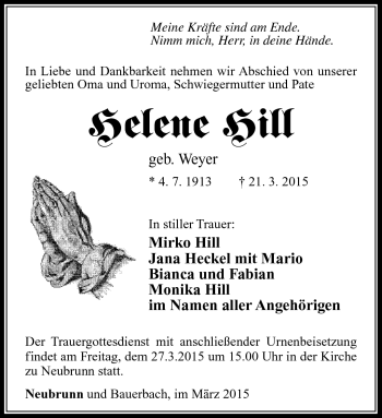 Traueranzeige von Helene Hill von Südthüringer Presse