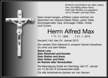Traueranzeige von Alfred Max von Frankenpost