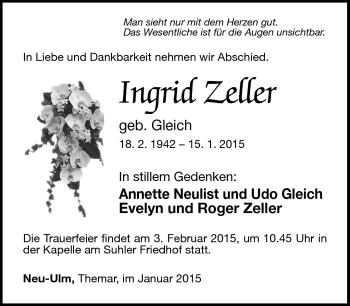 Traueranzeige von Ingrid Zeller von Südthüringer Presse
