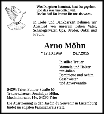Traueranzeige von Arno Möhn von Frankenpost