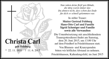Traueranzeige von Christa Carl von Südthüringer Presse