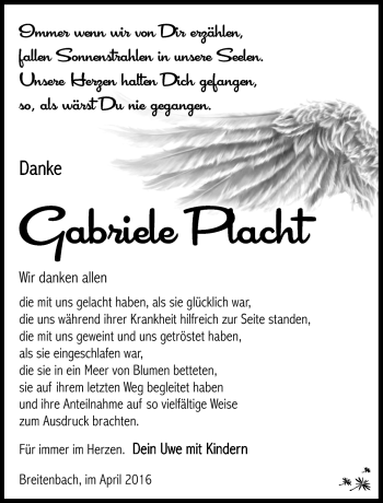 Traueranzeige von Gabriele Placht von Südthüringer Presse