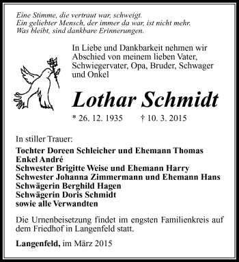 Traueranzeige von Lothar Schmdit von Südthüringer Presse