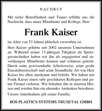Traueranzeige von Frank Kaiser von Südthüringer Presse