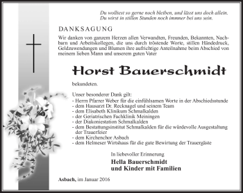 Traueranzeige von Horst Bauerschmidt von Südthüringer Presse