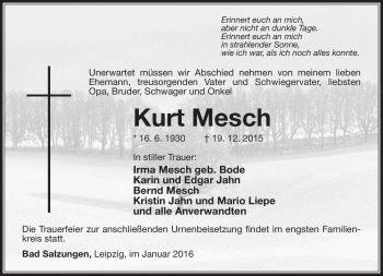 Traueranzeige von Kurt Mesch von Südthüringer Presse