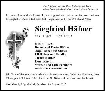Traueranzeige von Siegfried Häfner von Südthüringer Presse