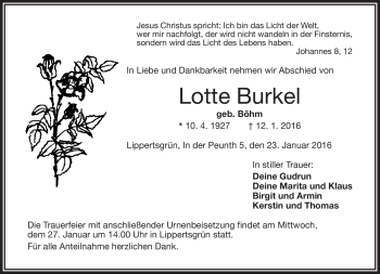 Traueranzeige von Lotte Burkel von Frankenpost