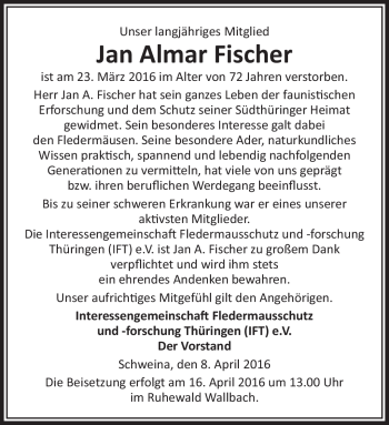 Traueranzeige von Jan Almar Fischer von Südthüringer Presse