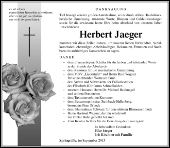 Traueranzeige von Herbert Jaeger von Südthüringer Presse