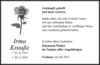 Traueranzeige von Irma Krauße von Südthüringer Presse