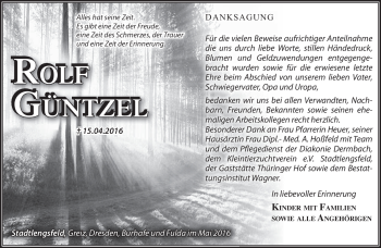Traueranzeige von Rolf Güntzel von Südthüringer Presse