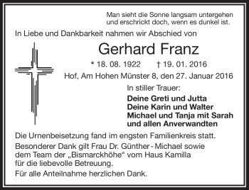 Traueranzeige von Gerhard Franz von Frankenpost