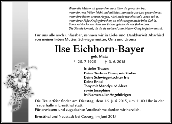 Traueranzeige von Ilse Eichhorn-Bayer von Südthüringer Presse