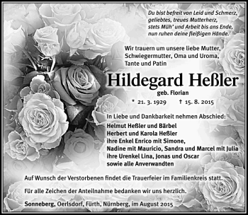 Traueranzeige von Hildegard Heßler von Südthüringer Presse