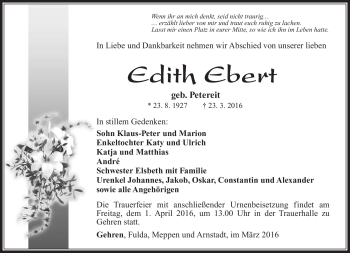 Traueranzeige von Edith Ebert von Südthüringer Presse