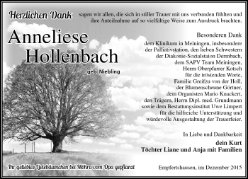 Traueranzeige von Anneliese Hollenbach von Südthüringer Presse