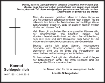 Traueranzeige von Konrad Schlegelmilch von Südthüringer Presse