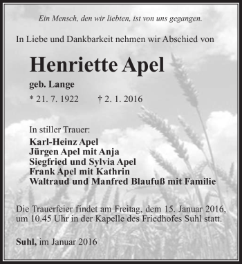 Traueranzeige von Henriette Apel von Südthüringer Presse