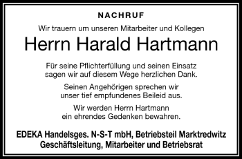 Traueranzeige von Harald Hartmann von Frankenpost