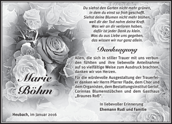 Traueranzeige von Marie Böhm von Südthüringer Presse