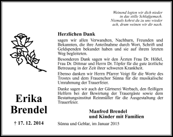 Traueranzeige von Erika Brendel von Südthüringer Presse