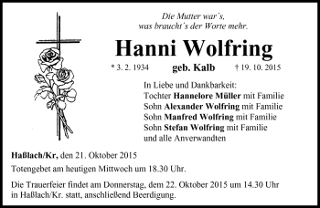 Traueranzeige von Hanni Wolfring von Neue Presse Coburg
